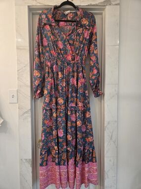 Bohemian Floral Maxi Dress in Teal with Pink and Orange Accents